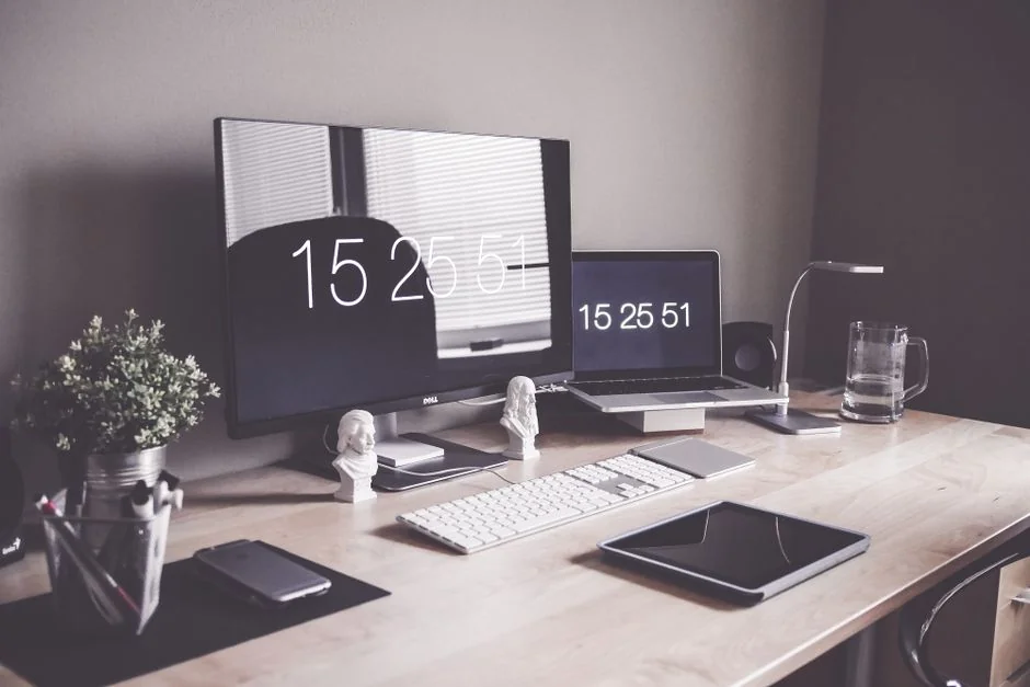 Vector icons with modern phone near computer monitor and credit card with gray lines on purple background
